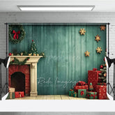 Aperturee Aperturee Vintage Christmas Fireplace Photography Backdrop Teal Wood Wall with Tree and Presents Holiday Studio Photo Prop